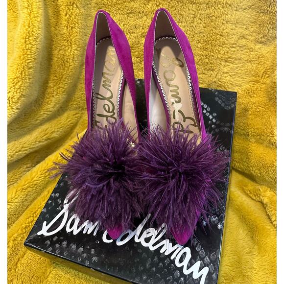 Sam Edelman Haide Fuchsia Feather Suede Leather Pom Pom Stiletto Pumps Heels 10M - Picture 11 of 12